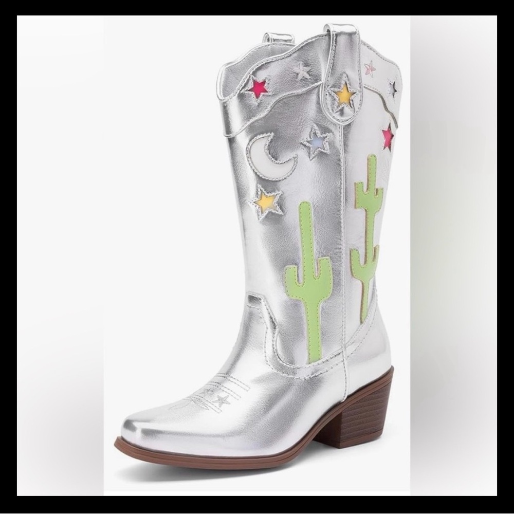 Dream Pairs Silver Heeled Cowboy Boots with Green Cactus Design